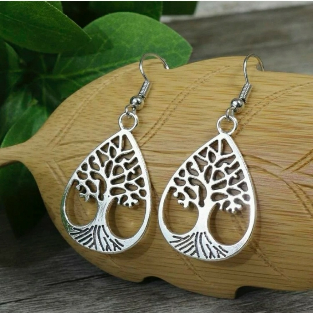 New Silver Tree of Life oval hook earrings